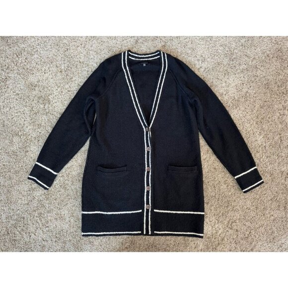LUCKY BRAND Black Varsity-stripe Sweater Long Cardigan Coat Vneck Pockets SMALL - Picture 1 of 9